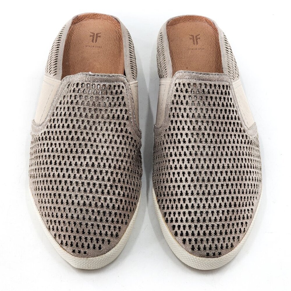 FRYE Melanie Silver Metallic Leather Perforated Mules Flat Breathable